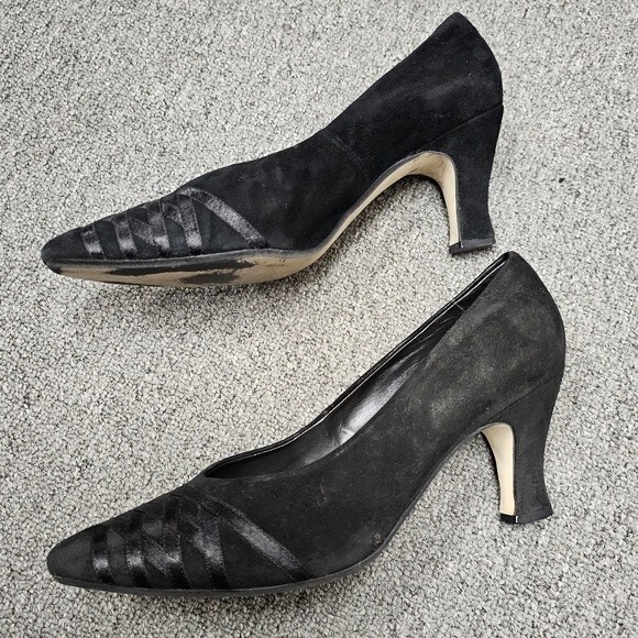 Black Witchcore Witch Gothic Heels Size 9 Suede Ribbon Crisscross Detail Pointed - Picture 4 of 13